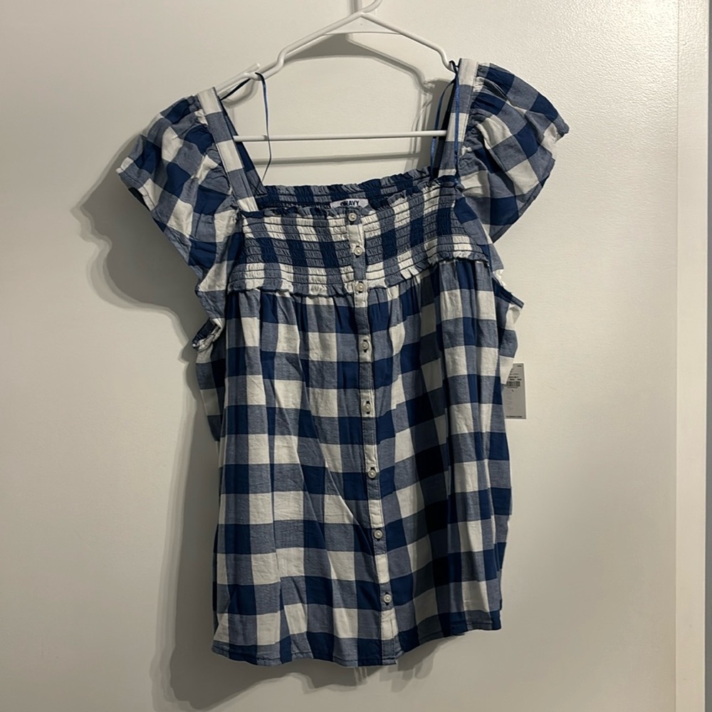 Old Navy Blue and White Gingham Button-Front Smocked Top